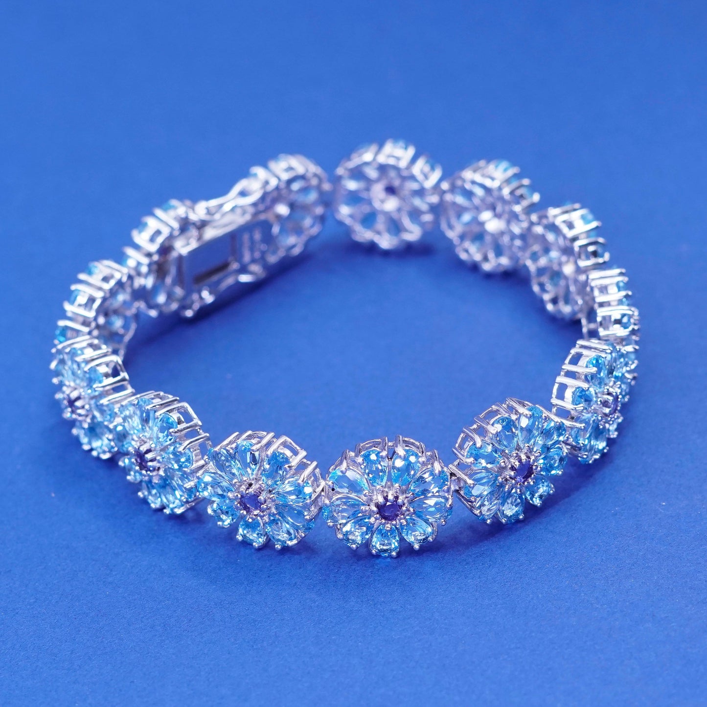 7”, vintage sterling silver tennis bracelet, 925 flower with topaz and amethyst