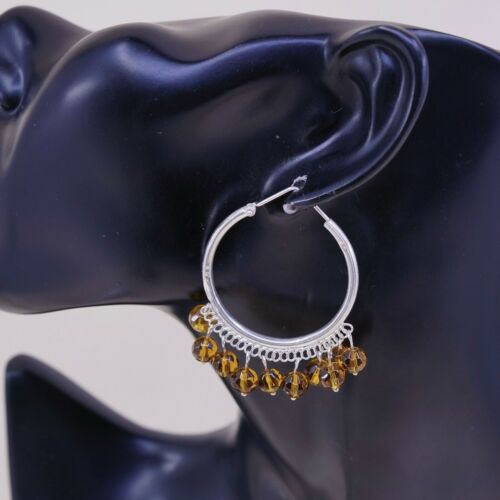 1.5”, Vtg handmade Sterling 925 Silver earrings, Hoops W/ Cluster Amber Dangles