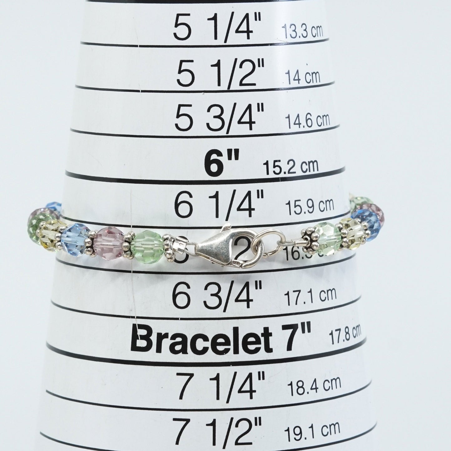 6.5", VTG Sterling silver handmade bracelet, 925 beads W colorful crystal beads