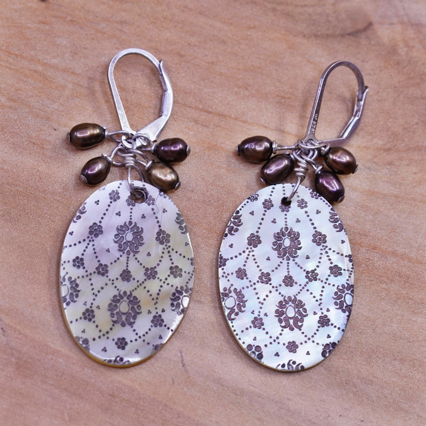 Vintage Sterling 925 silver Handmade earrings with cluster pearl abalone disc