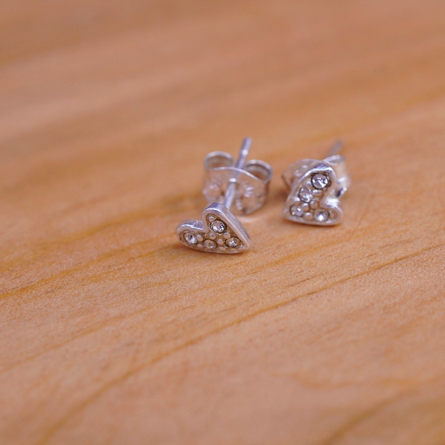 Vintage Sterling silver handmade earrings, 925 heart studs with cz