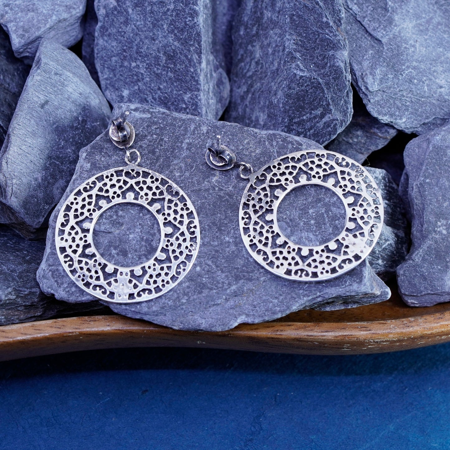 Vintage Sterling silver handmade earrings, 925 Bali filigree circle drops