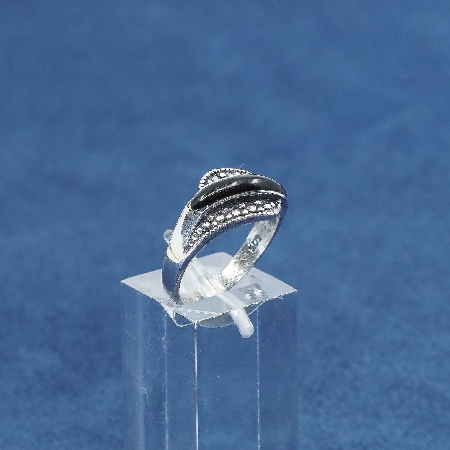 sz 7.5, vtg sterling silver handmade ring, 925 w/ teardrop obsidian N marcasite