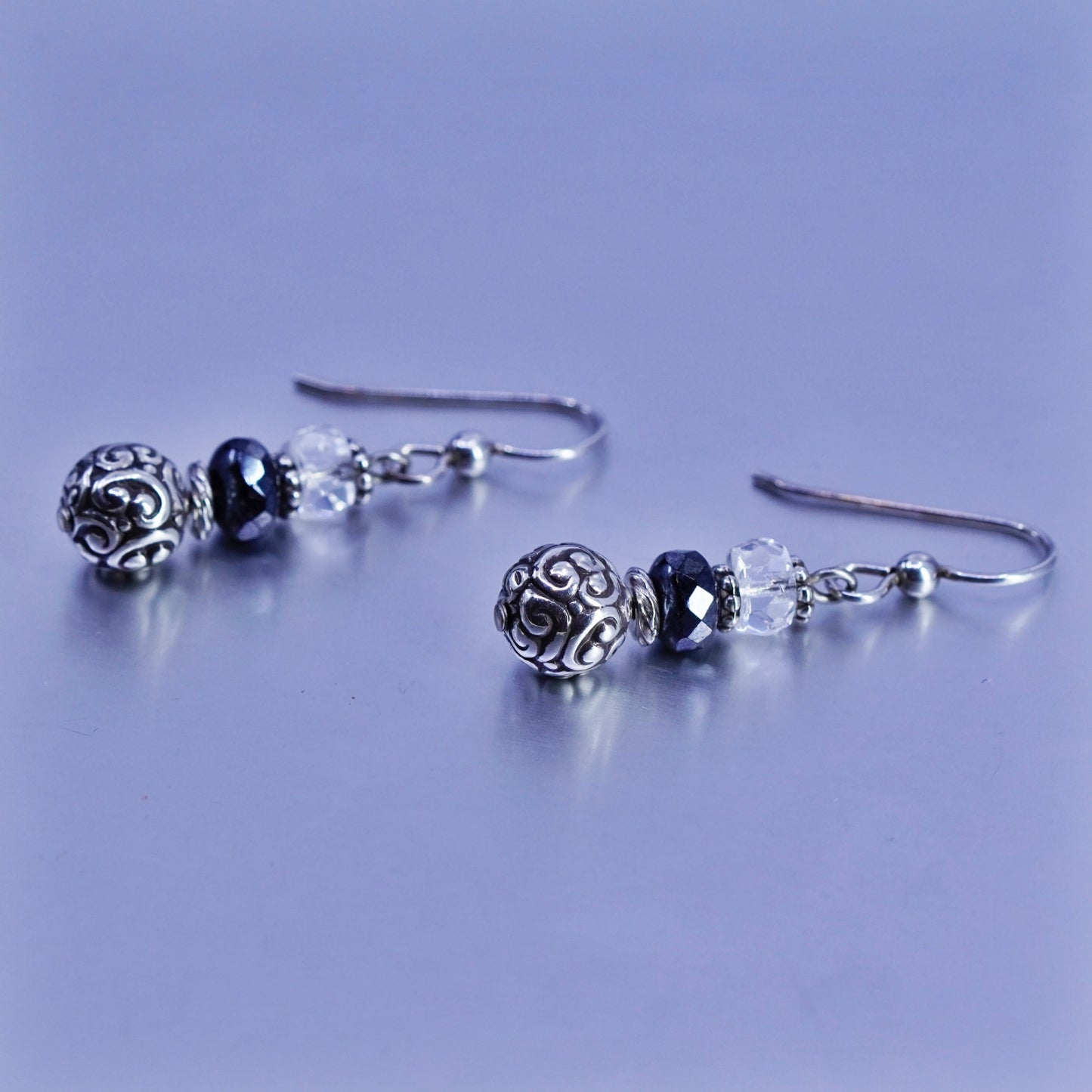 Vintage Sterling 925 silver swirly textured beads earrings with crystal