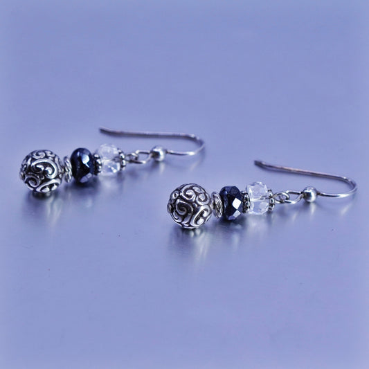 Vintage Sterling 925 silver swirly textured beads earrings with crystal