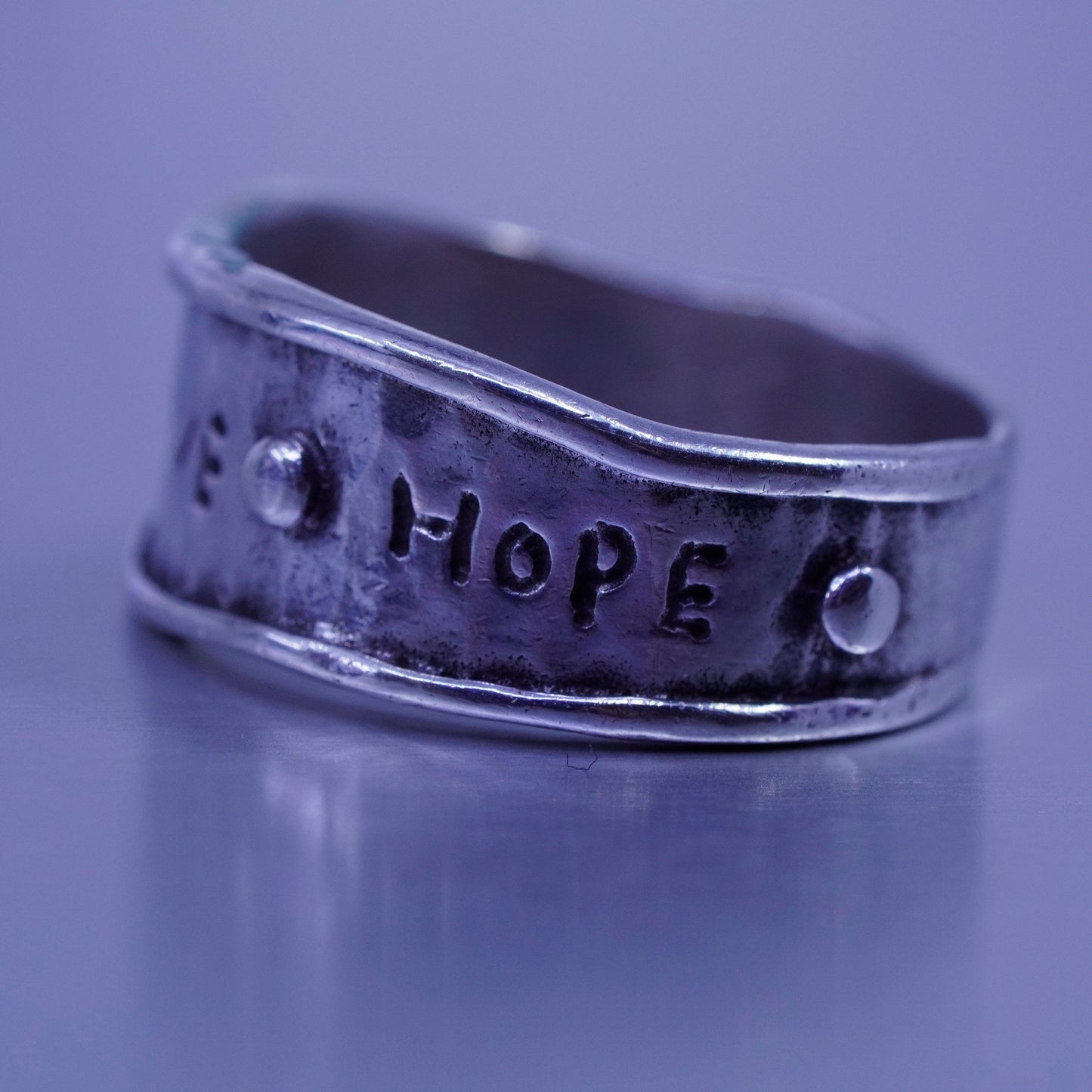 Size 7, southwestern Sterling 925 silver ring, textured band “joy love hope