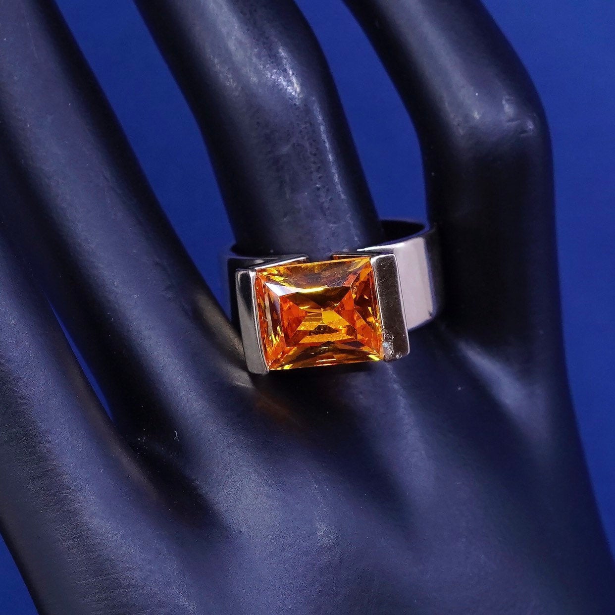 sz 9, vermeil gold over sterling silver handmade ring, modern 925 w/ crystal