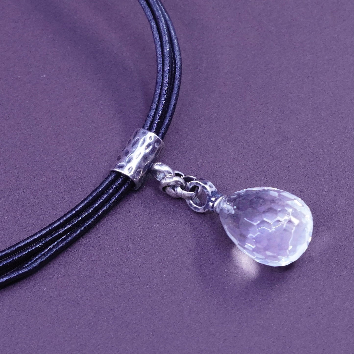 16+2” silpada black Leather necklace Sterling 925 Silver slide teardrop crystal