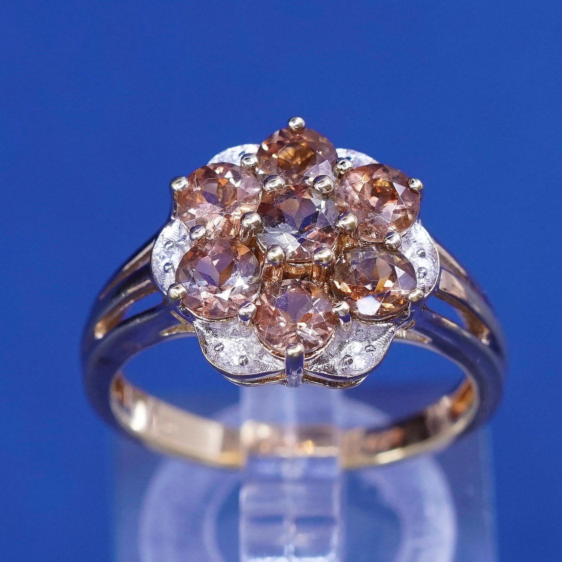 sz 7.25, vermeil gold sterling silver ring, 925 w/ orange topaz flower diamond