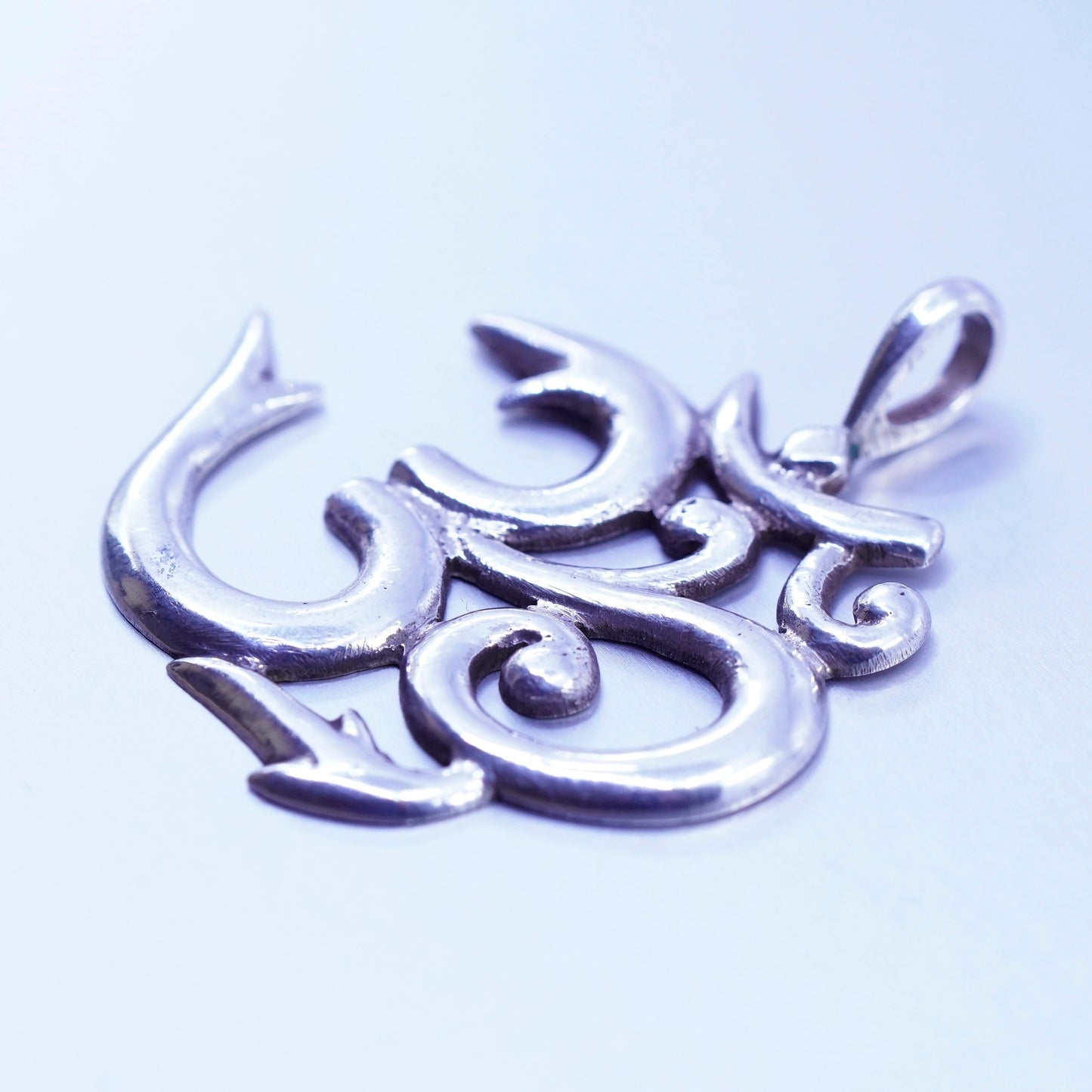 vtg Nepal sterling silver handmade pendant, 925 om aum, spiritual prayer symbol