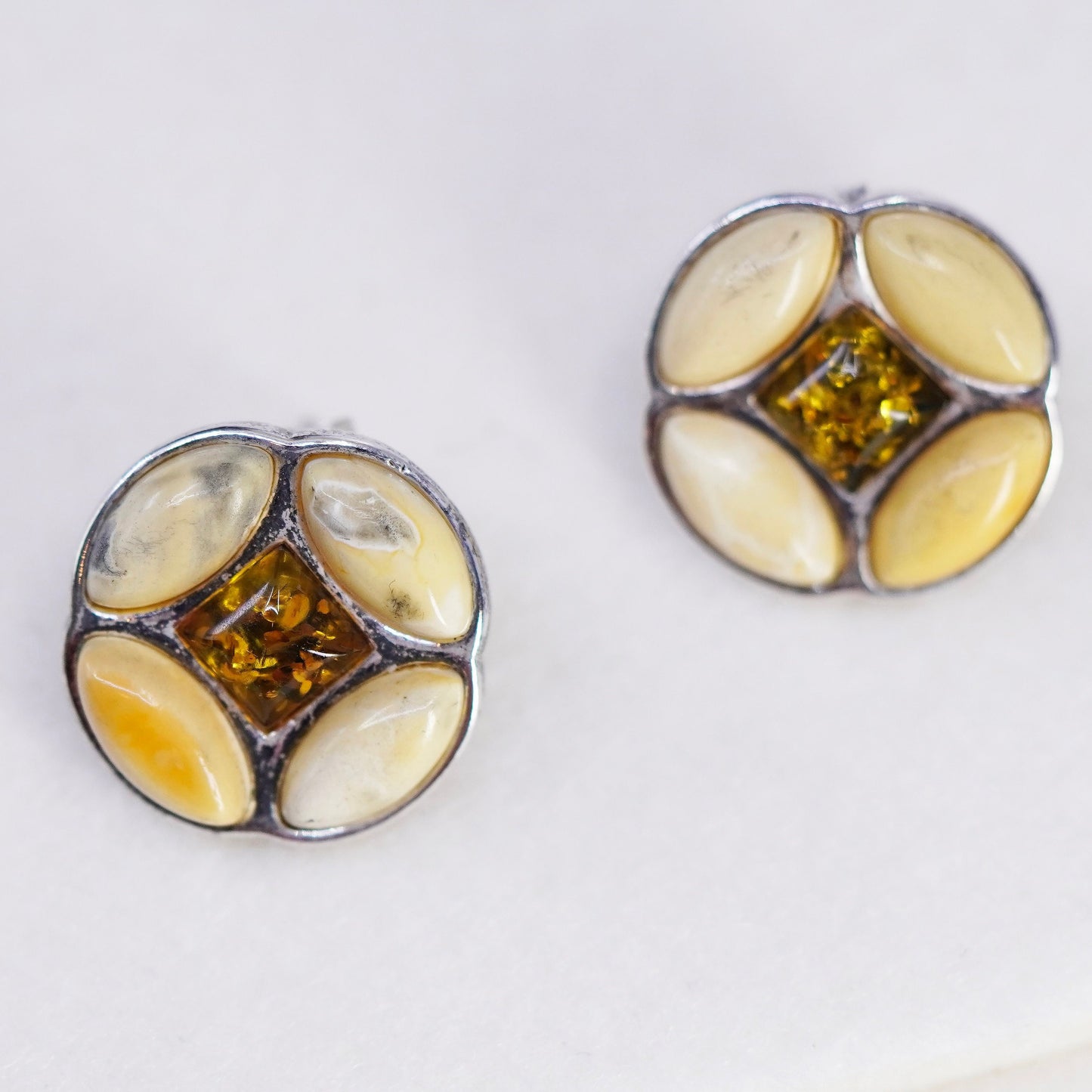Vintage Sterling 925 silver handmade earrings, studs with Amber inlay