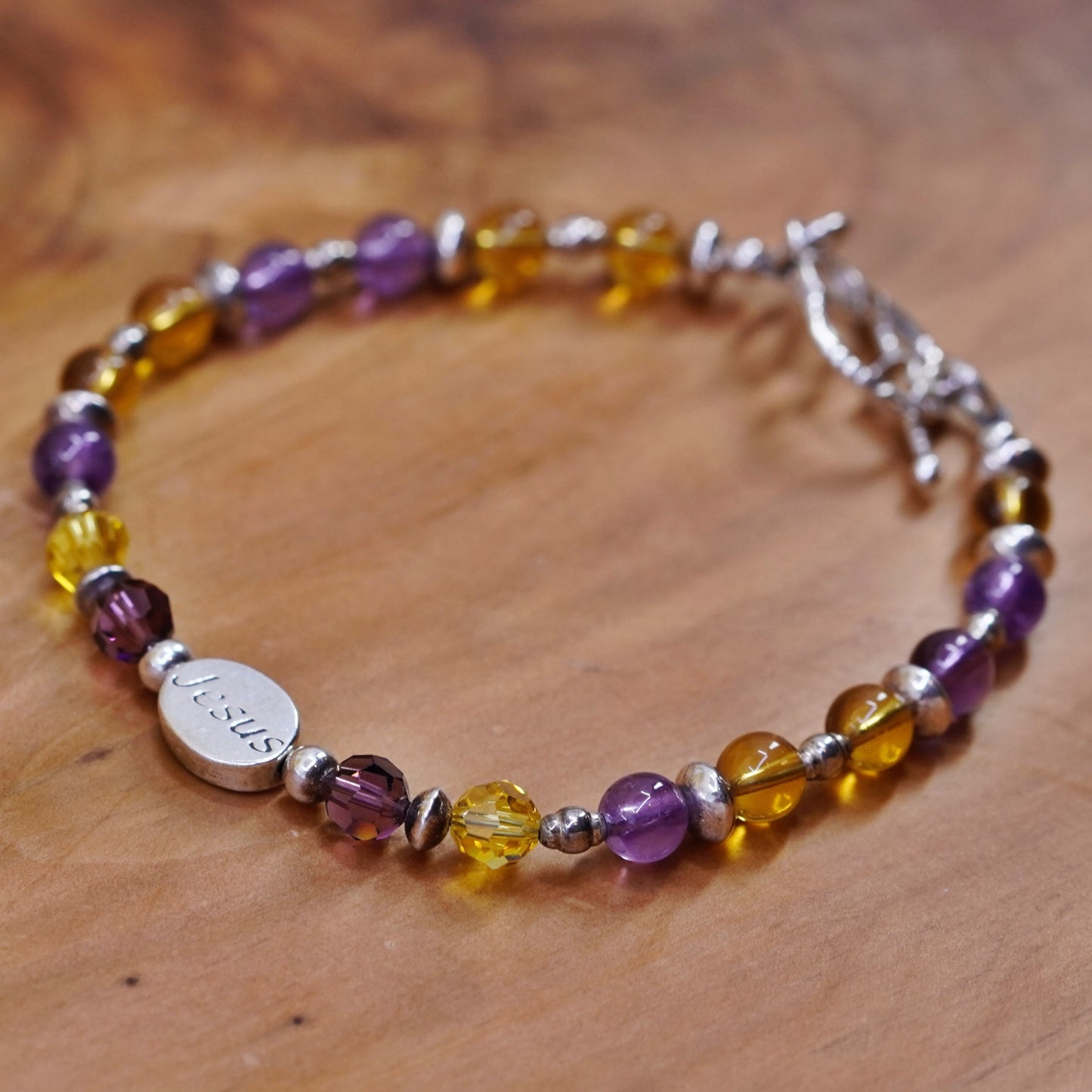 8”, Sterling silver handmade amethyst citrine beads bracelet with “Jesus” charm