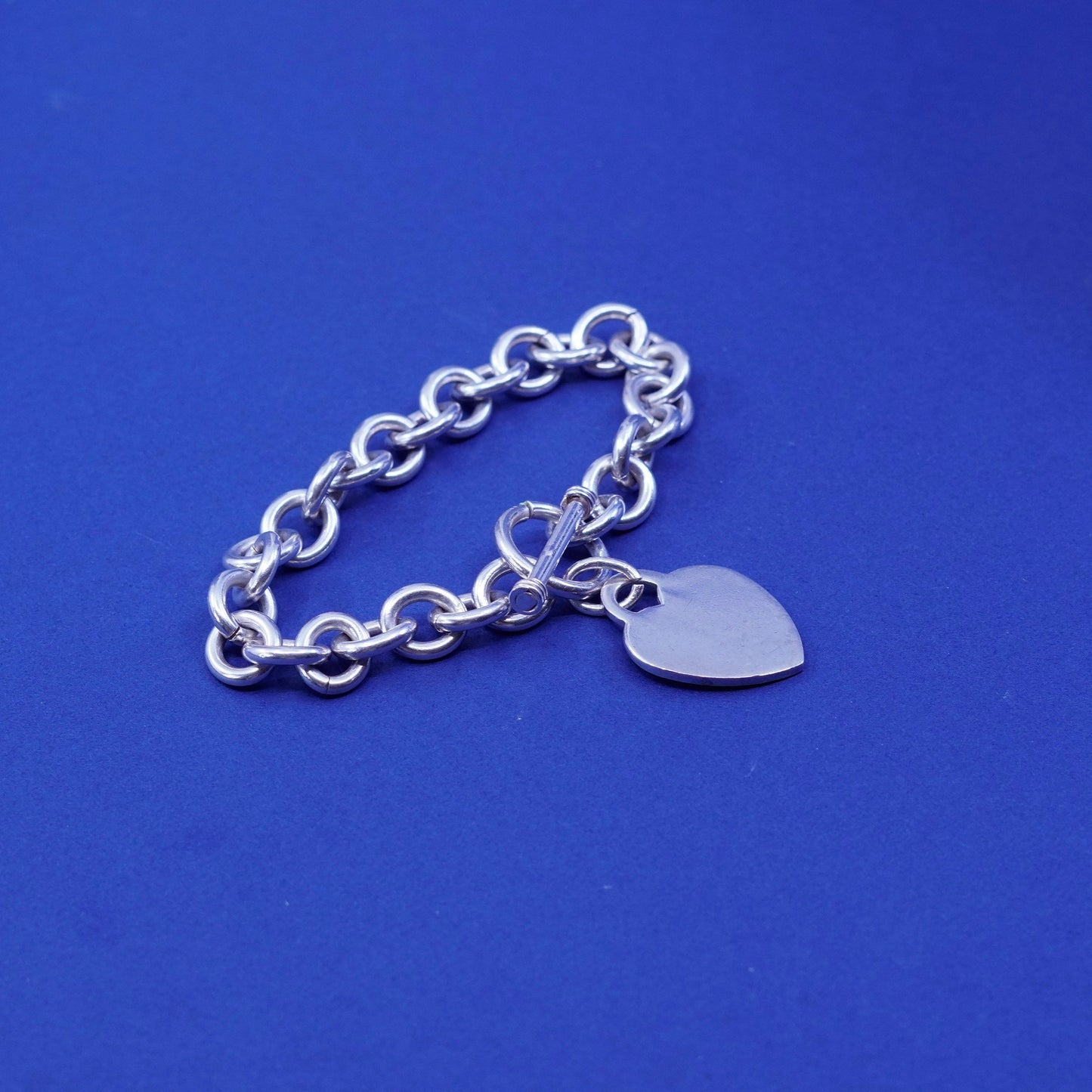6.25”, vintage Sterling silver bracelet, 925 bold circle chain heart tag charm