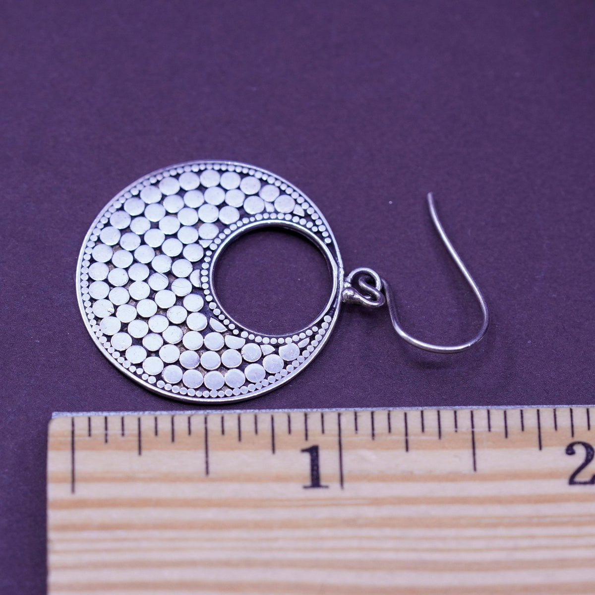 Vintage Sterling silver handmade earrings, 925 bead textured disc