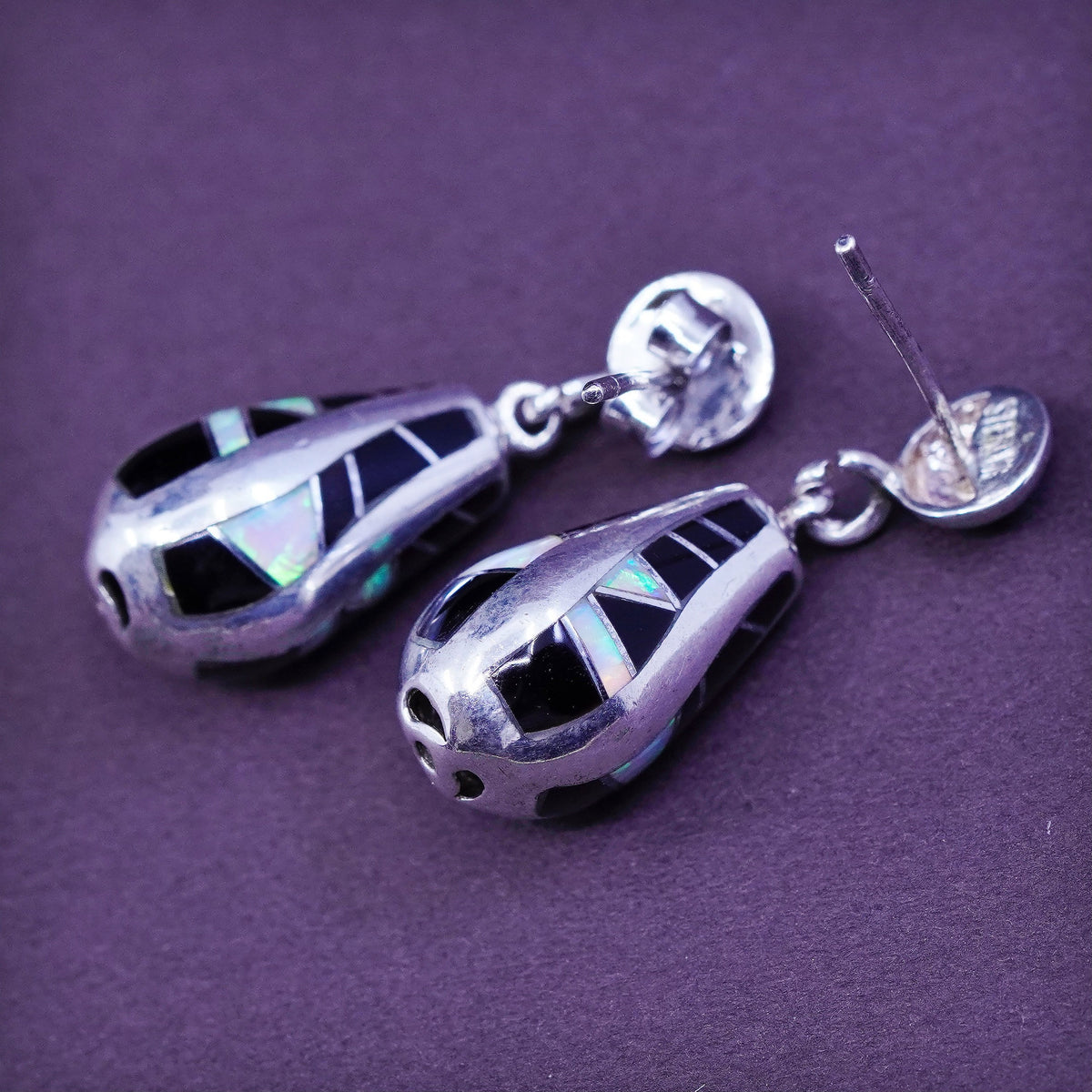 Native American sterling silver earrings, zuni 925 teardrop w/ obsidian opal