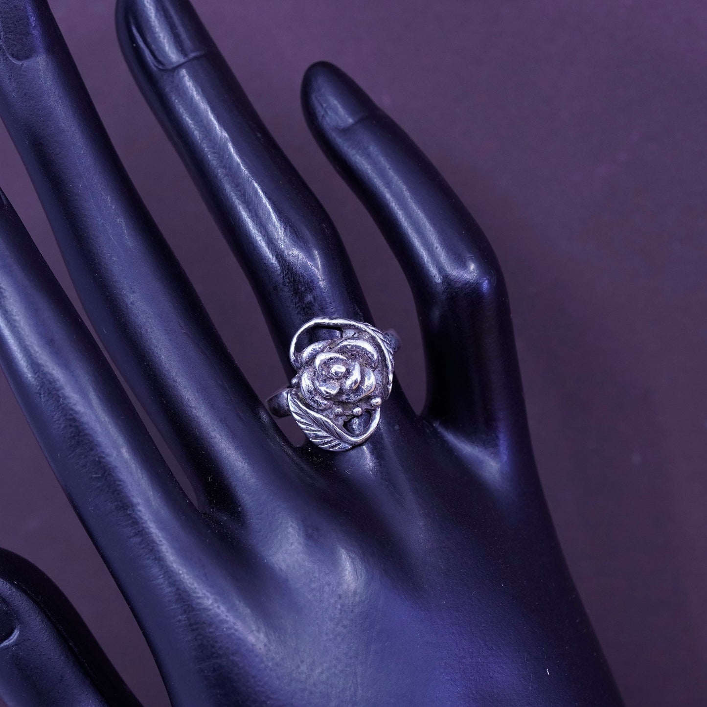 Size 6.5, vintage Sterling silver handmade ring, 925 rose flower on vine
