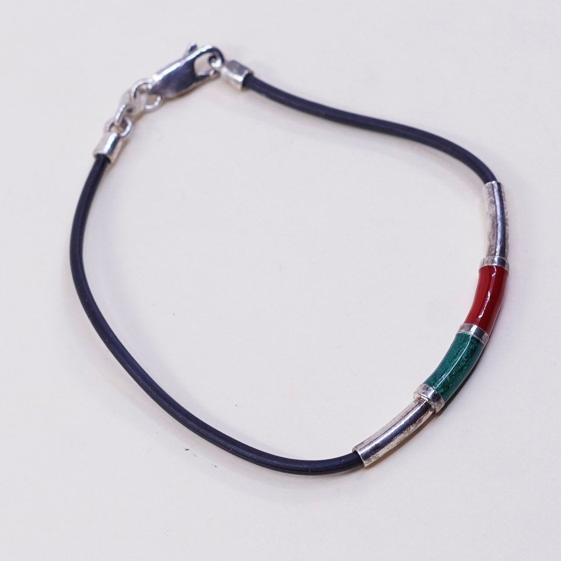 6.5”, VTG Sterling silver handmade bracelet, 925 enamel bar w/ rubber