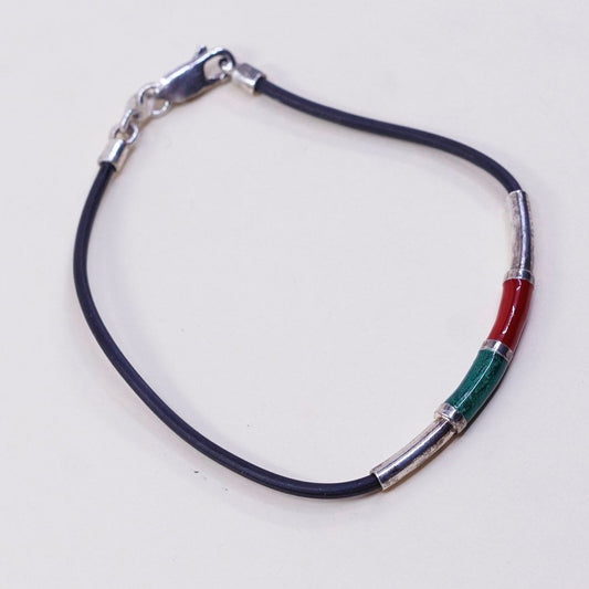 6.5”, VTG Sterling silver handmade bracelet, 925 enamel bar w/ rubber