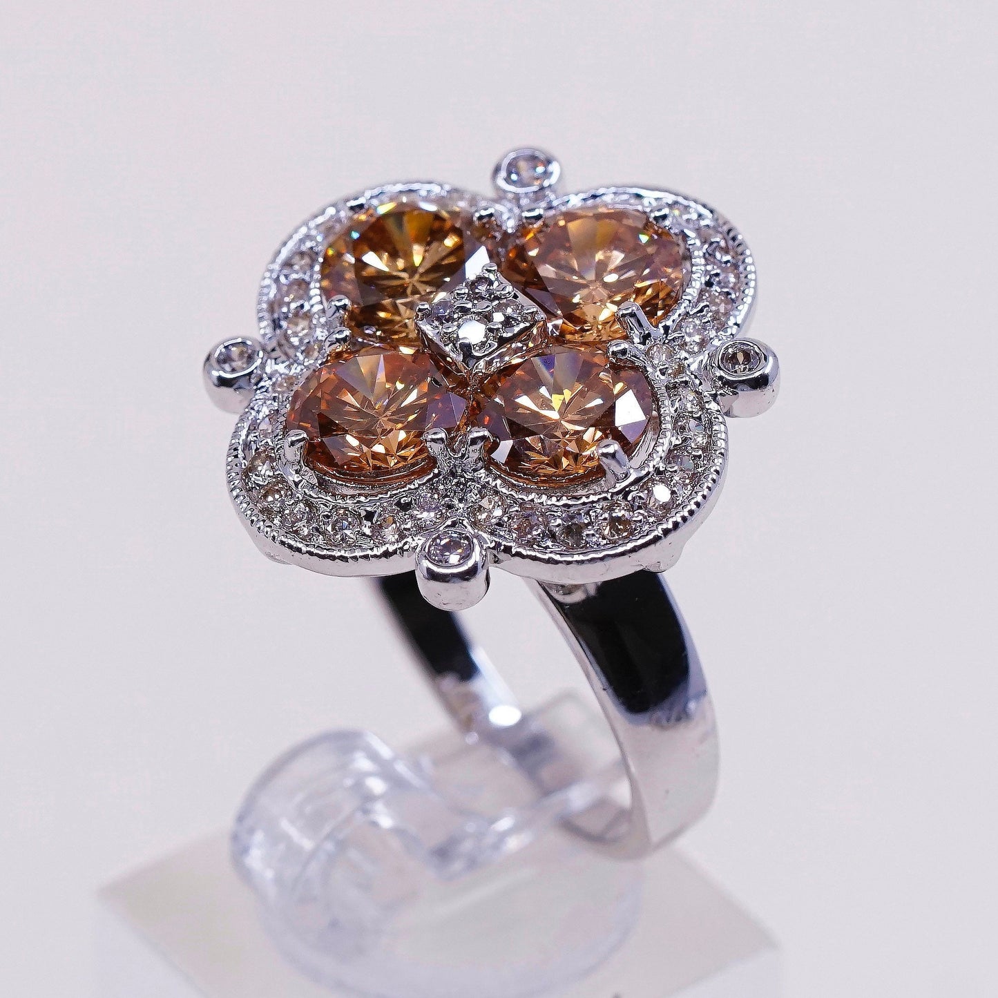 sz 8, vtg sterling 925 silver citrine flower ring, statement, cocktail ring