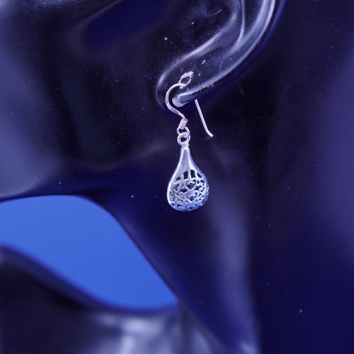 Vintage sterling silver handmade earrings, 925 filigree Bali teardrop drop
