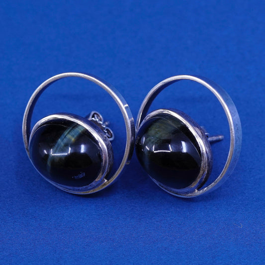 vtg WWL Southwestern Sterling 925 silver handmade studs earrings w/ tiger eye
