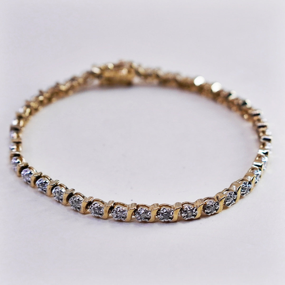 7.25”, vermeil gold sterling silver tennis bracelet, 925 floral chain diamond