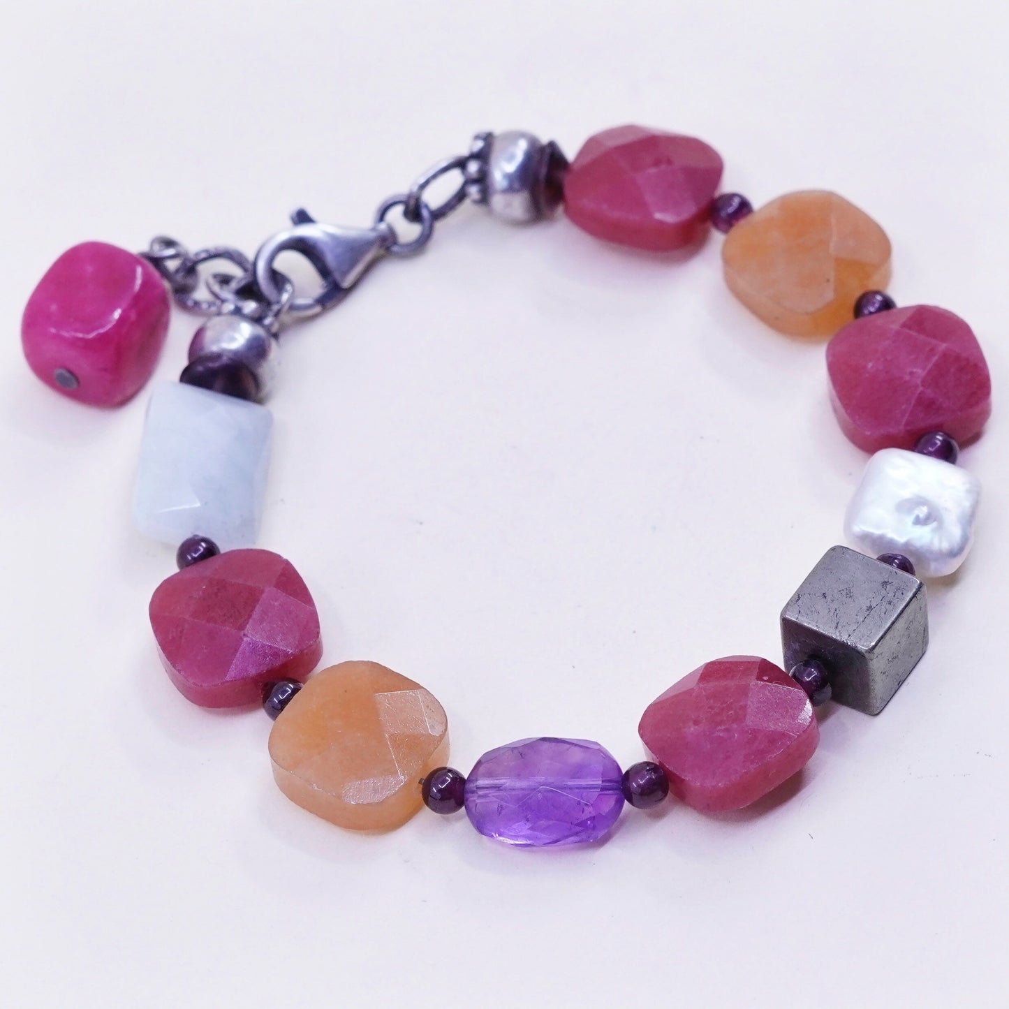 6.75”, 925 Sterling silver handmade bracelet with sea washed glass nugget
