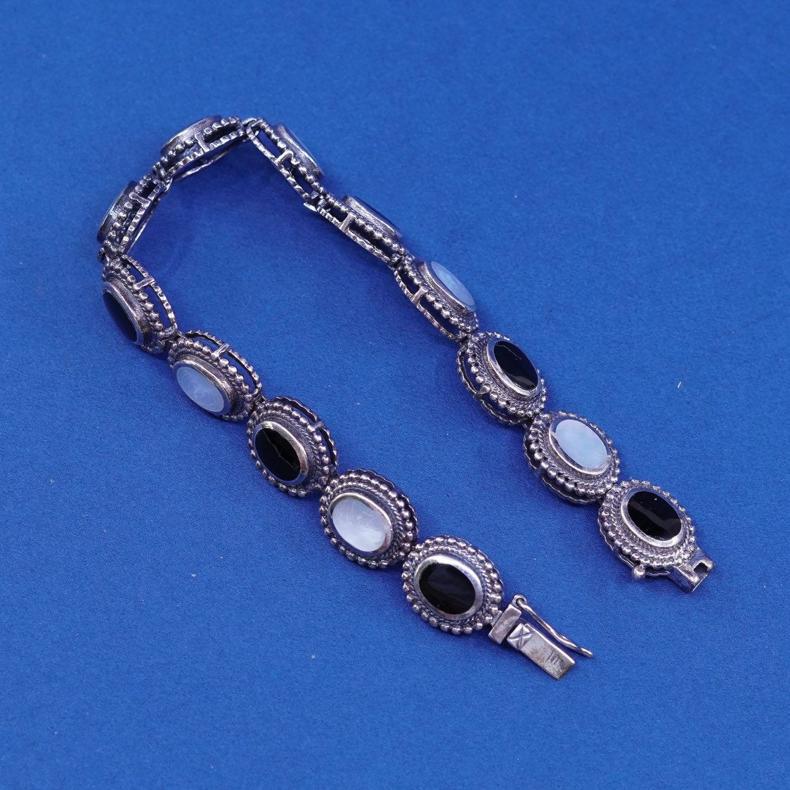 7.25", vtg Sterling silver handmade tennis bracelet, 925 w/ obsidian N MOP