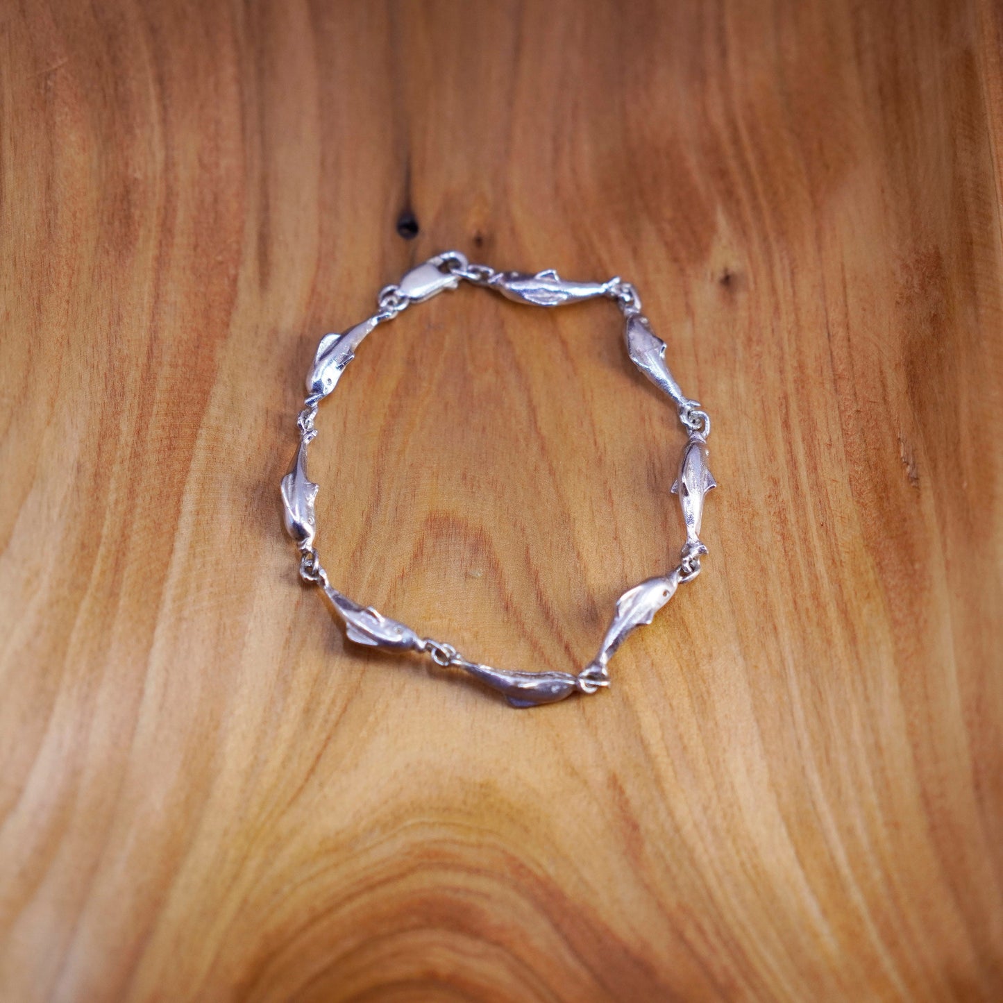 7.5”, vintage sterling 925 silver handmade bracelet, dolphin chain