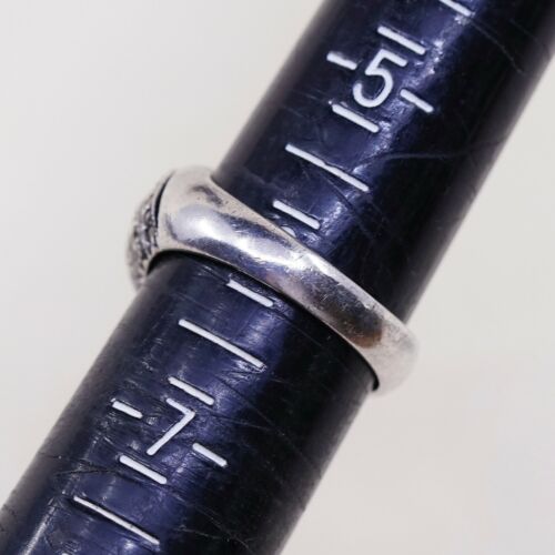 Sz 6, Vtg Sterling Silver Handmade Ring, 925 Silver Band W Obsidian N marcasite