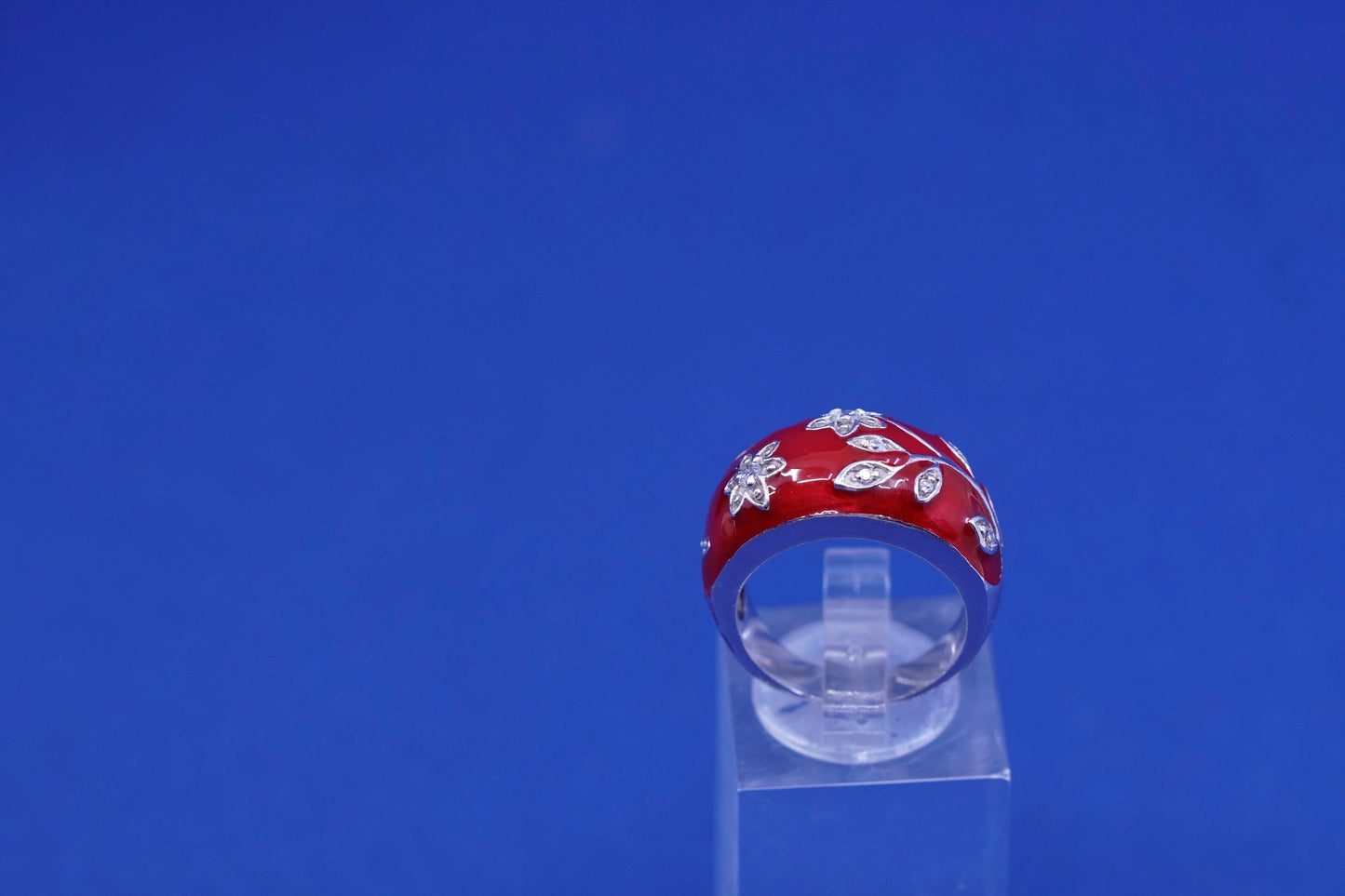Size 6, vtg Sterling silver handmade ring, 925 red enamel band with flower Cz