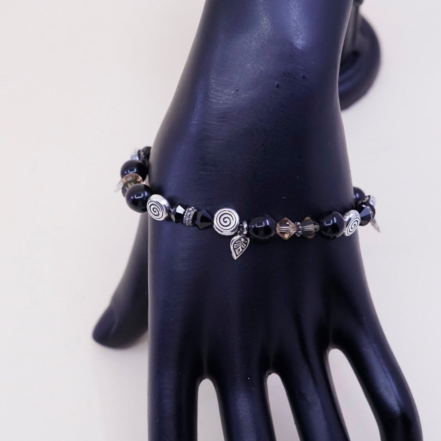 7”, Vintage Sterling silver bracelet, Mexico 925 beads w/ obsidian beads leaves