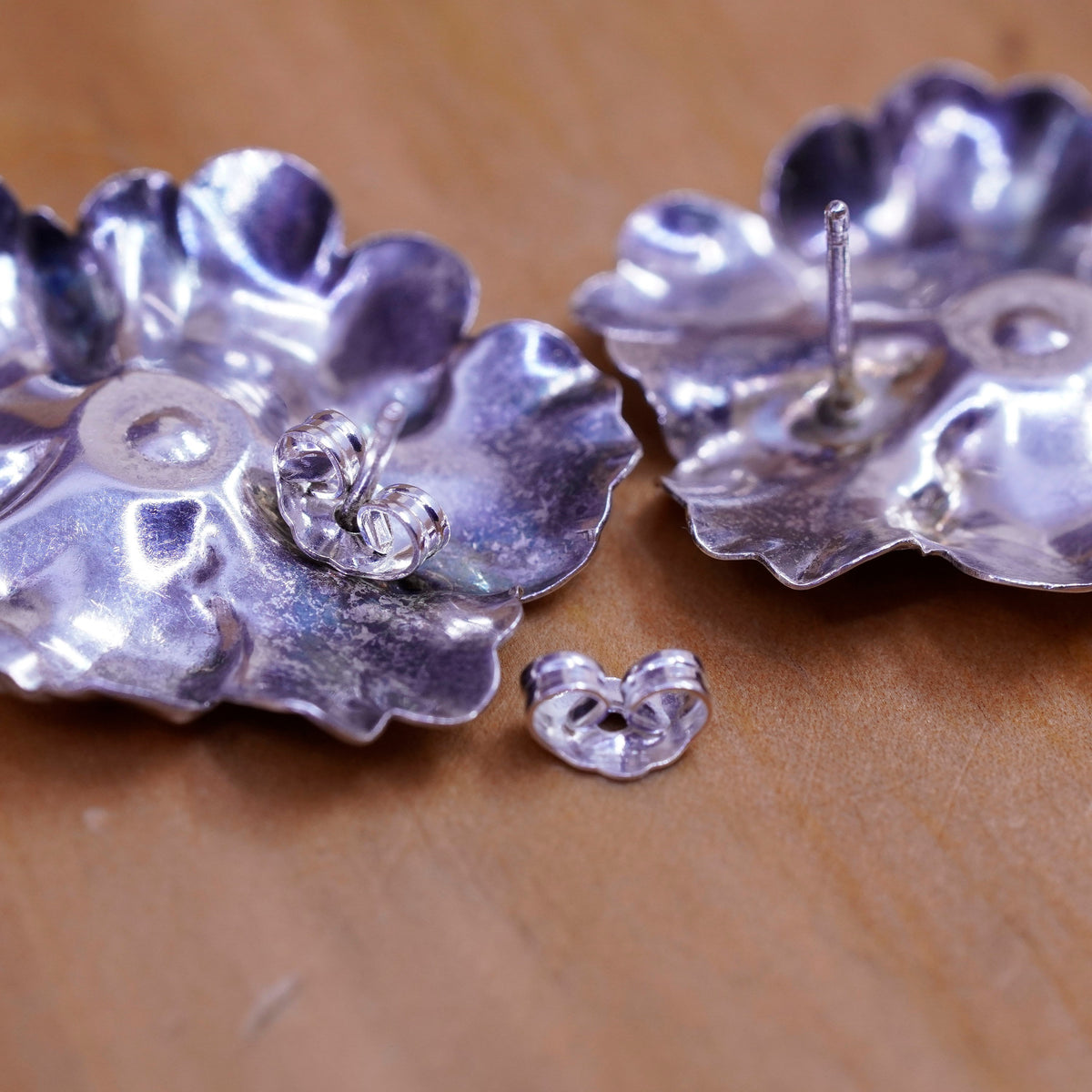 Vintage Sterling silver handmade earrings, 925 flower studs with pink quartz