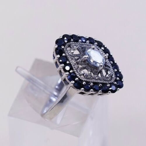 Sz 6 Vtg CNA Sterling silver Engagement ring, 925 W/ Cluster Sapphire N Topaz