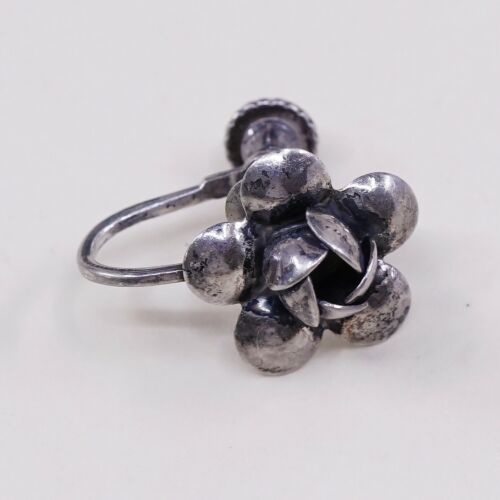 Vtg Sterling 925 Silver Handmade Screw Back Earrings Rose Flower, Stamped Sterli