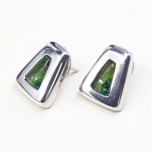 Vintage Sterling Silver Handmade Earrings, 925 Silver Studs W/ Green Glass