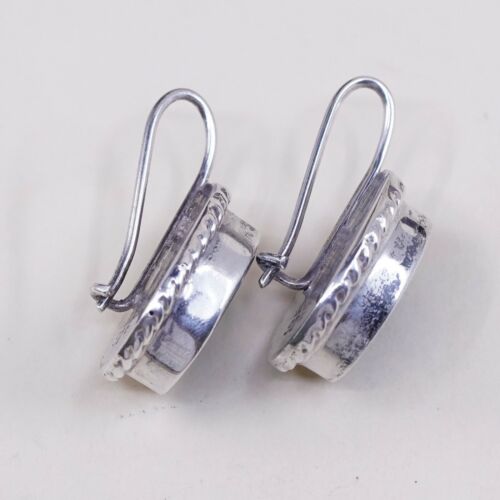 Vtg Mexico handmade Sterling Silver earrings, 925 Oval Malachite Dangles