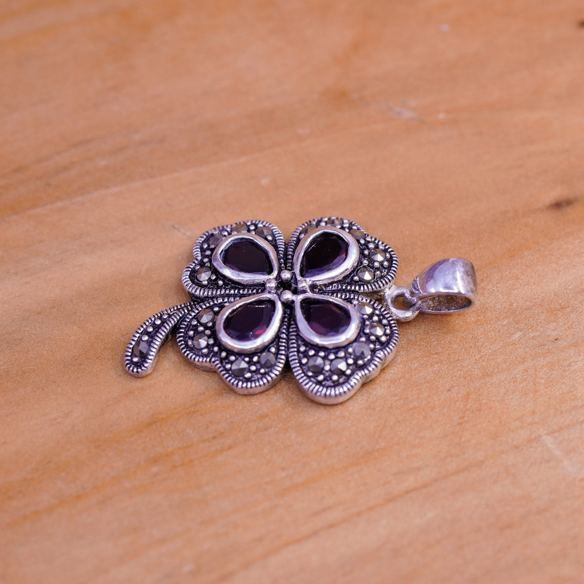 Sterling 925 Silver Handmade lucky four leaves clover Pendant ruby marcasite