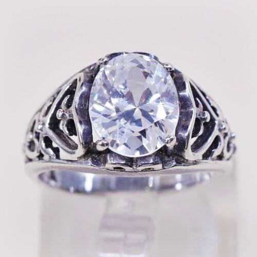 Sz 5.5, Vtg Sterling silver handmade ring, 925 Filigree band W/ CZ N Heart