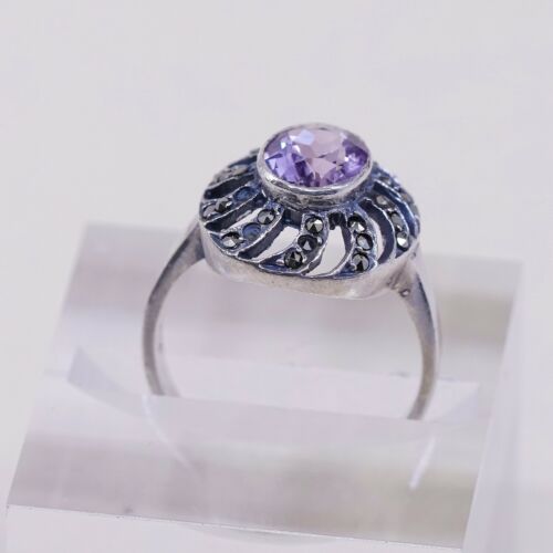 Sz 7.5 Vtg Sterling Silver Handmade Ring, 925 w/ Amethyst n marcasite inlay