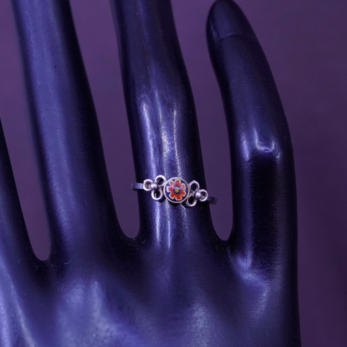 Size 6, Sterling silver handmade ring, southwestern 925 band with flower glass
