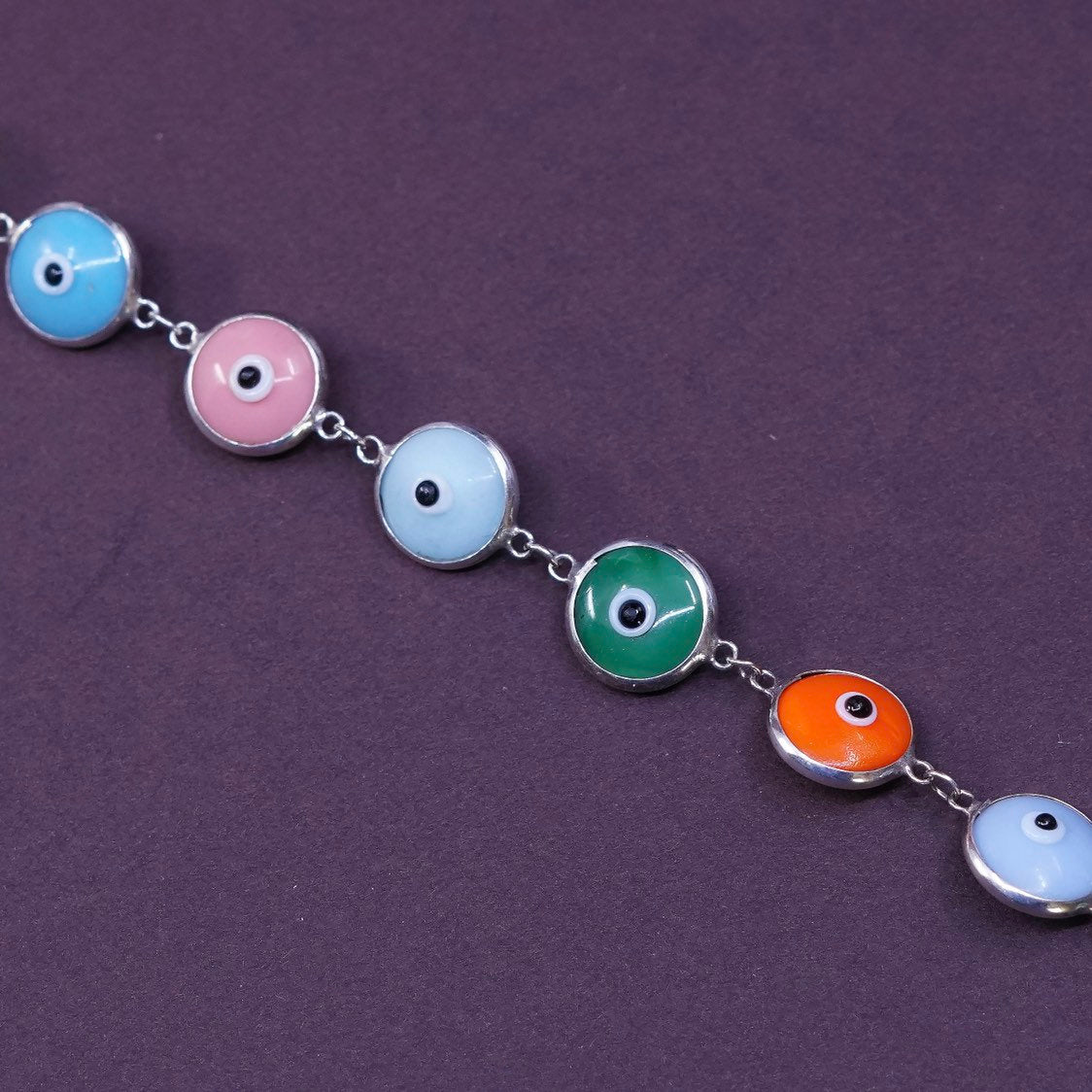 7", vtg sterling silver handmade chain, 925 evil eye bracelet, stamped 925