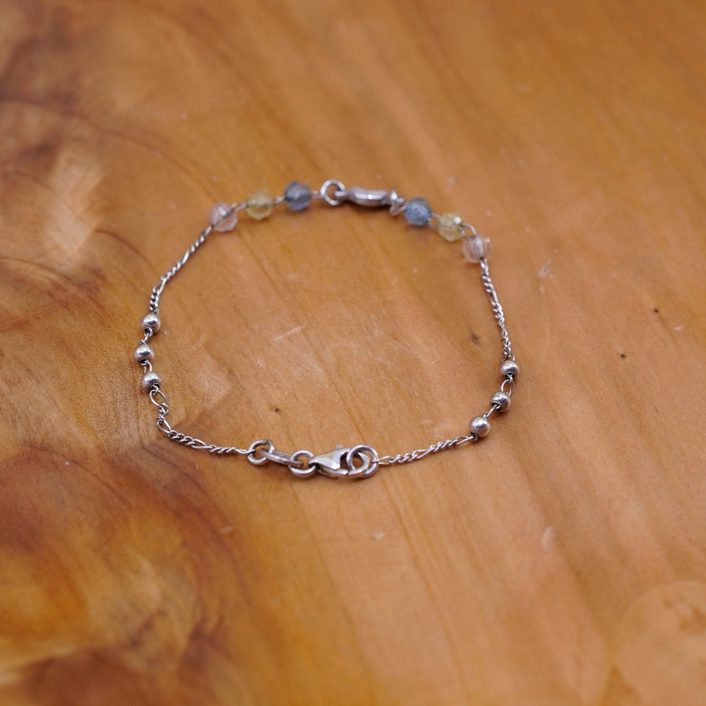 7.25”, vintage Sterling silver bracelet, 925 figaro chain moon charm crystal