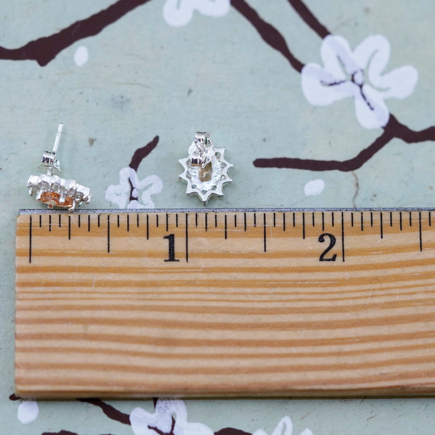 Vintage sterling silver studs earrings with citrine and cz, fashion earrings