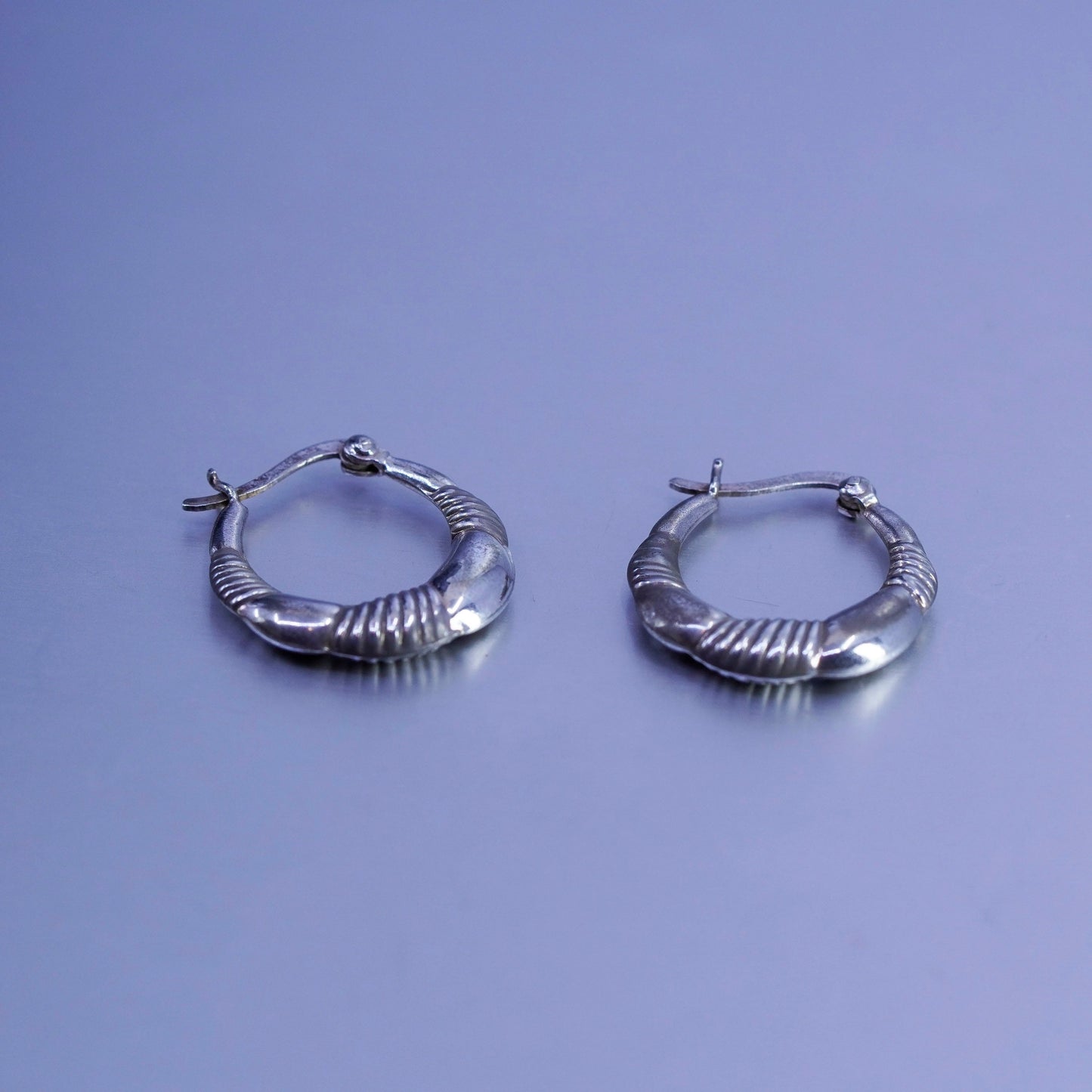 0.75”, vintage Sterling silver handmade earrings, ribbed 925 hoops