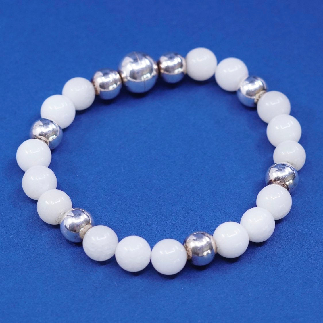 6.5", 7mm, vtg milor Sterling 925 Silver Handmade Bracelet w/ white quartz