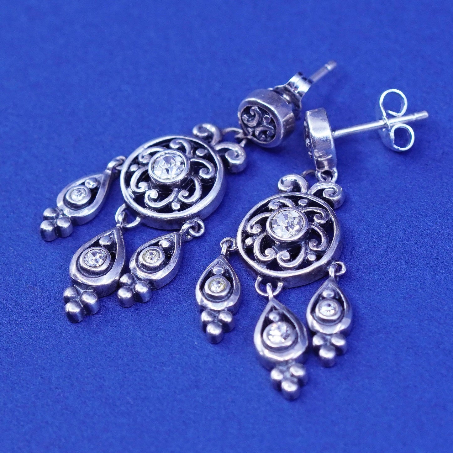 Vintage CNA sterling silver earrings, 925 filigree Bali teardrop drop with Cz