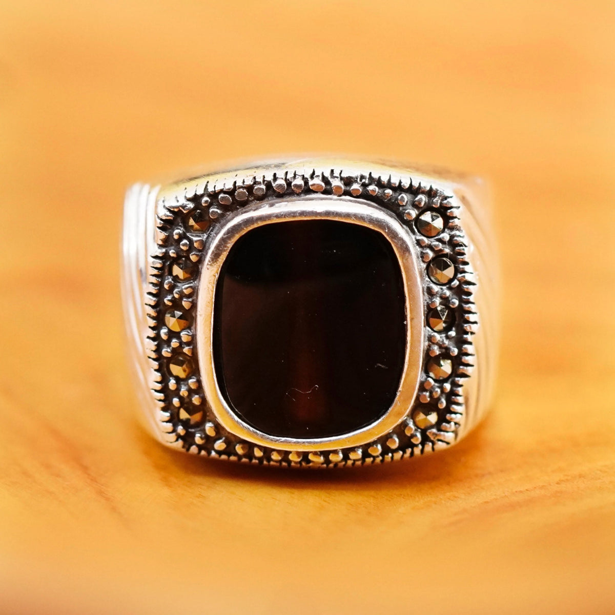 Size 6, Sterling 925 silver statement ring with black onyx and marcasite