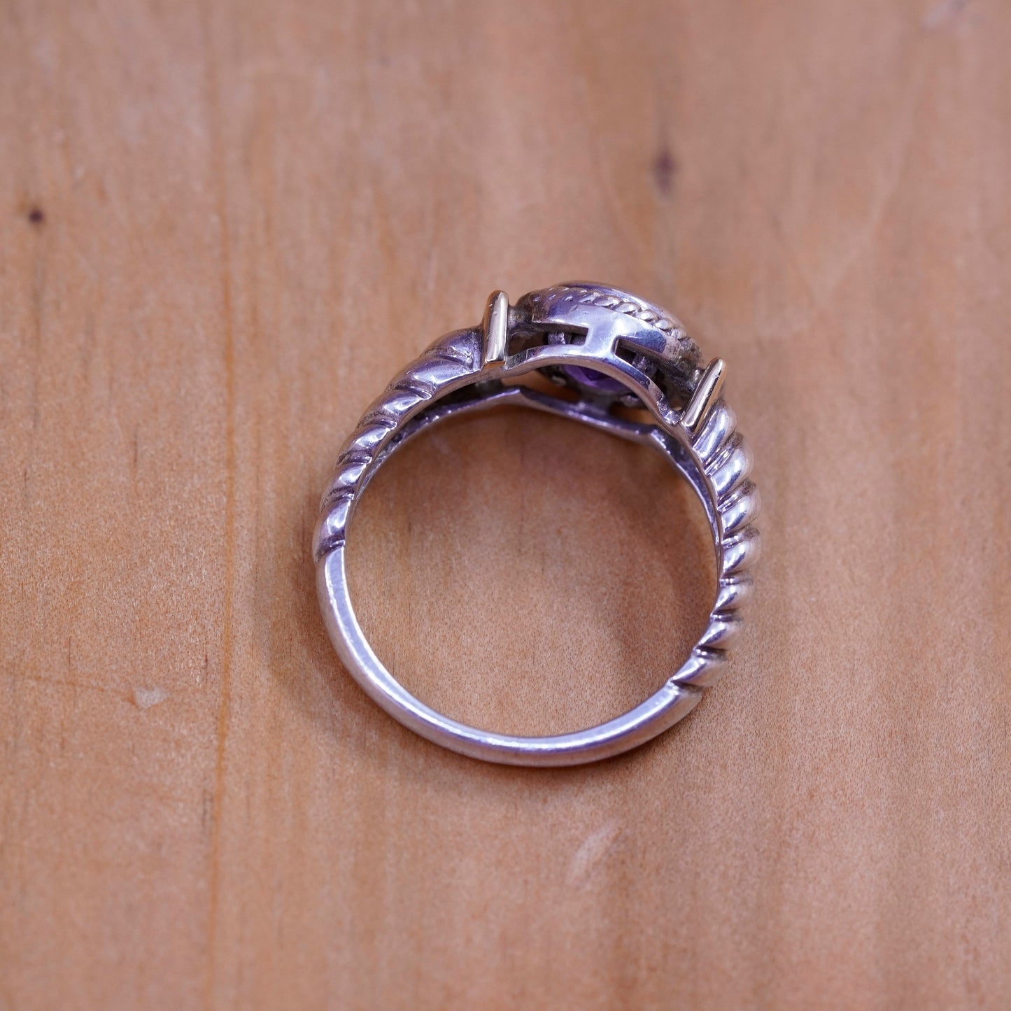 Size 8.25, 14K yellow gold with Sterling silver ring, 925 band with amethyst