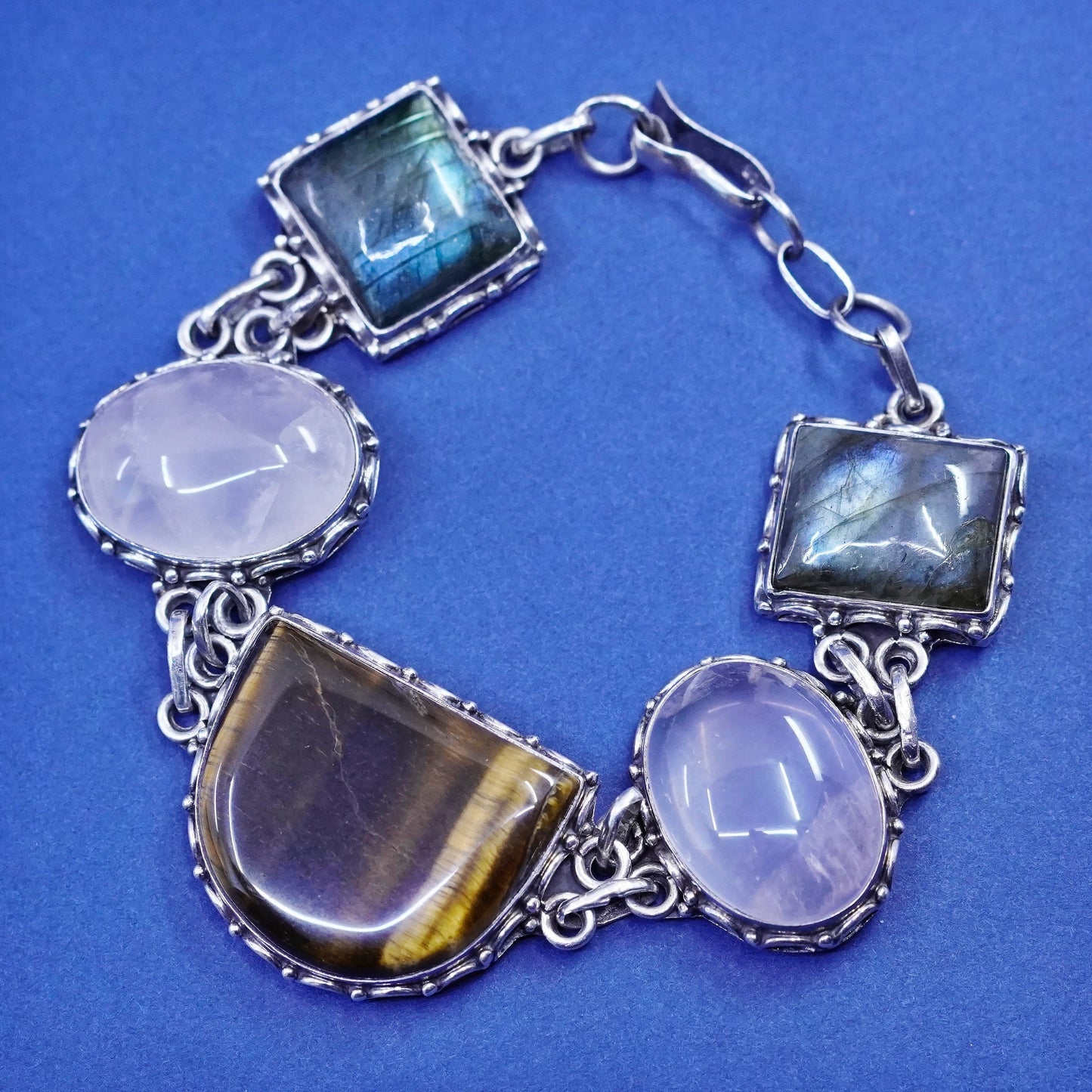 7.75”, sterling silver bracelet, 925 beads golden tiger eye quartz labradorite